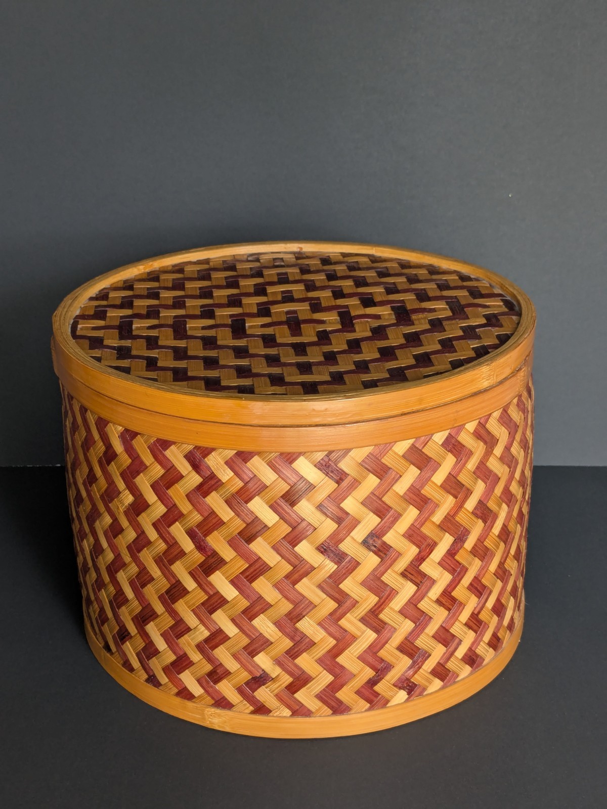 Vintage Round Bamboo Woven Lidded Basket Box Two Tone Geometric Boho Storage