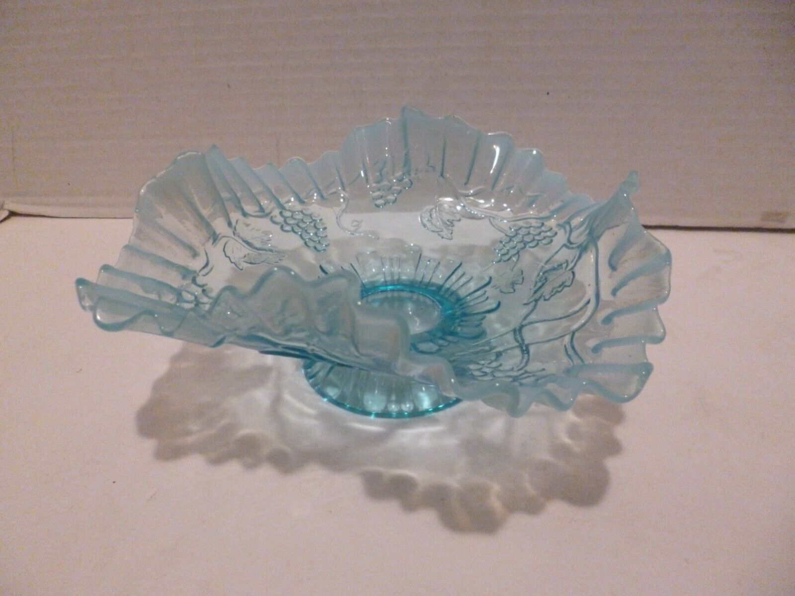 Vintage Blue Opalescent Ruffled Edge Footed Candy Dish