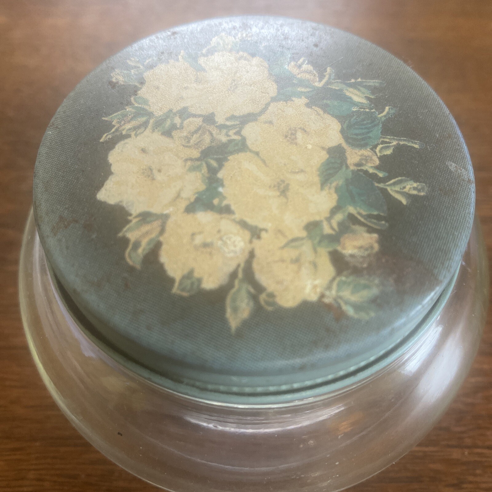 Lovely Vintage Antique Hand painted Dresser Jar Glass Metal Lid Roses Flowers