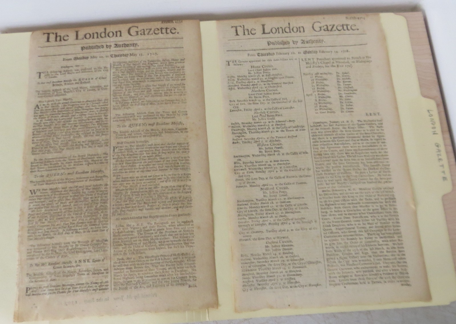 Antique 18th Century 319 Year Old London Gazette UK Newspapers 1707, 1708