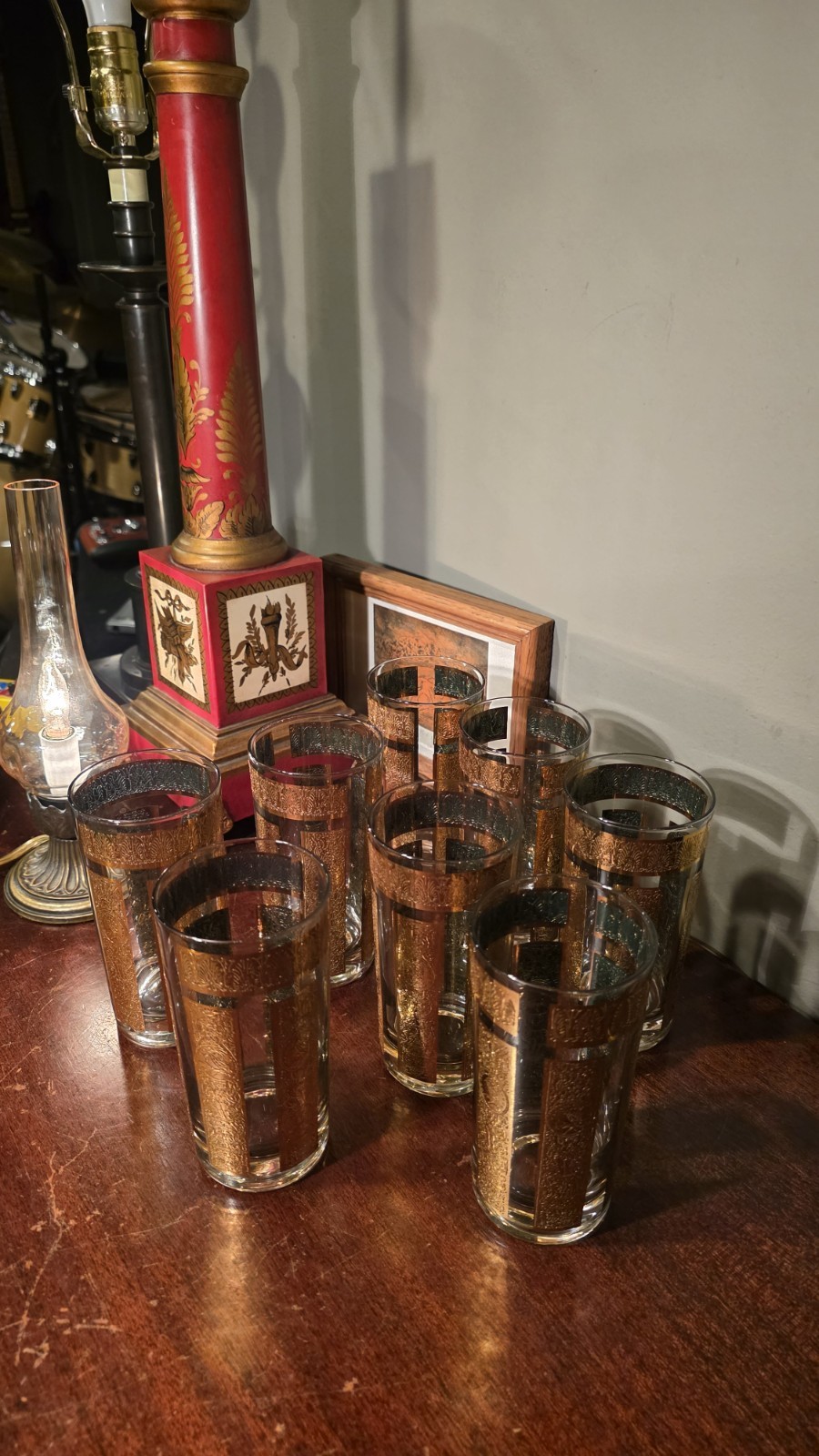VTG Retro Design Old Fashioned Glasses Set of 8 Green & Gold  Pasinski,  Culver 