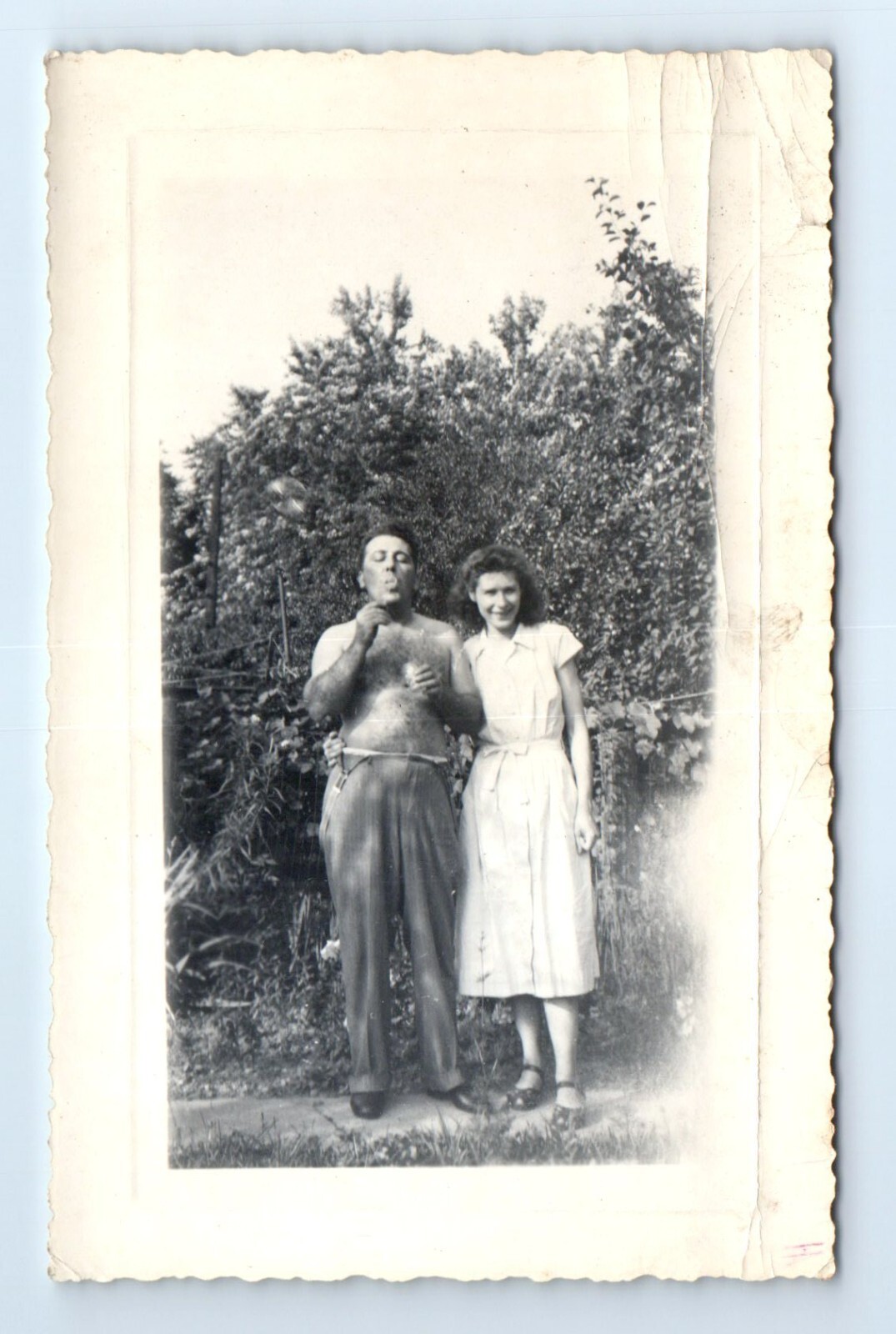 Hairy Shirtless Man Blows Bubbles VTG Original Snapshot Photograph 3