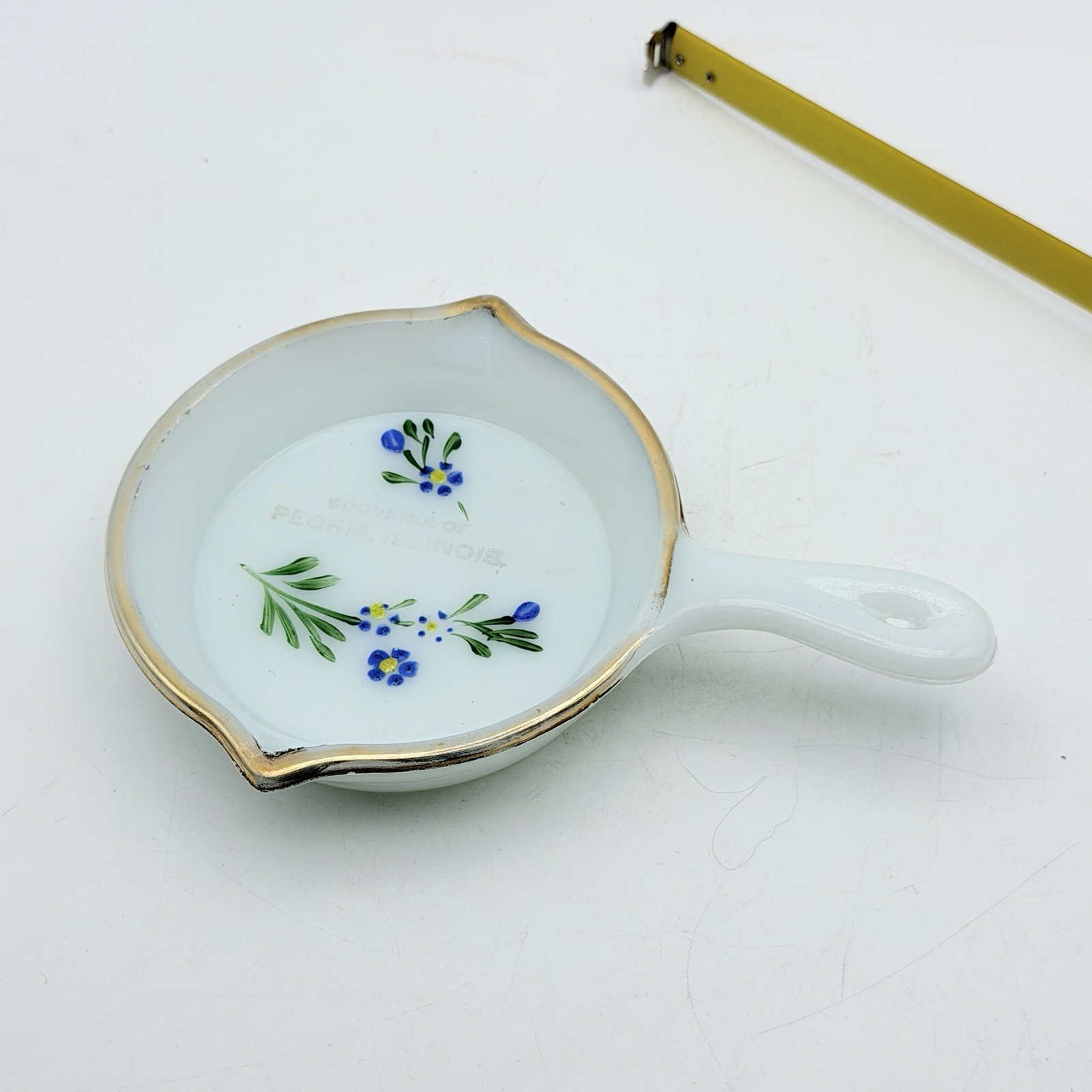 Antique Milk Glass Handled Nappy Souvenir of Peoria Illinois Forget Me Not