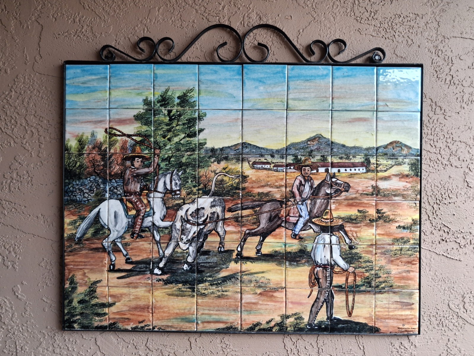 Vintage Mexican Tile Mural Hacienda Las Higuerillas 24x35 Wrought Iron Frame Art