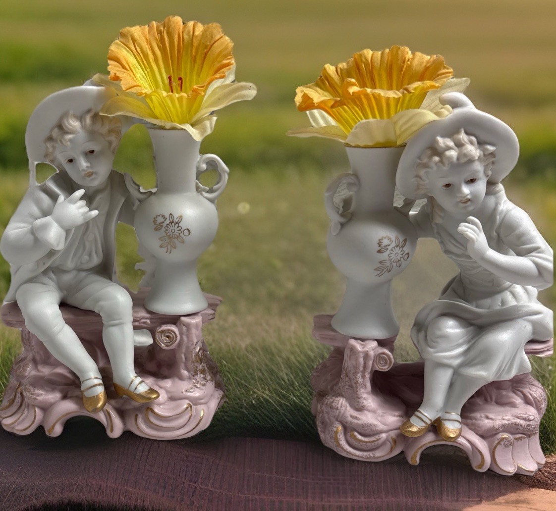 Vintage Ucago Japanese Bisque Vases Or Candle Holder. Set Boy And Girl
