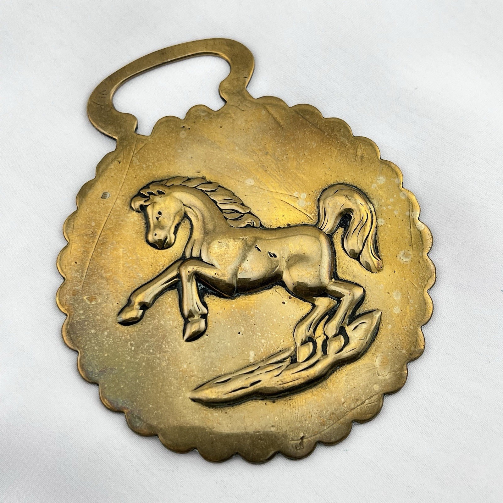 Brass Horse Medallion Antique English Steed Rearing Stamped Show Parade Harness