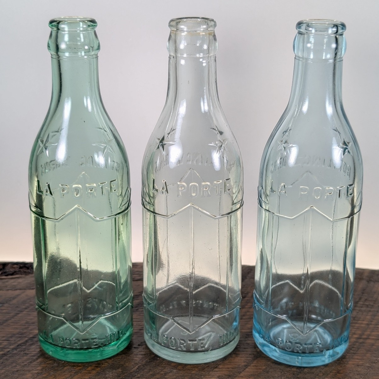 NICE Lot of 3 LaPorte La Porte IN IND INDIANA Deco Soda Pop Bottle Embossed