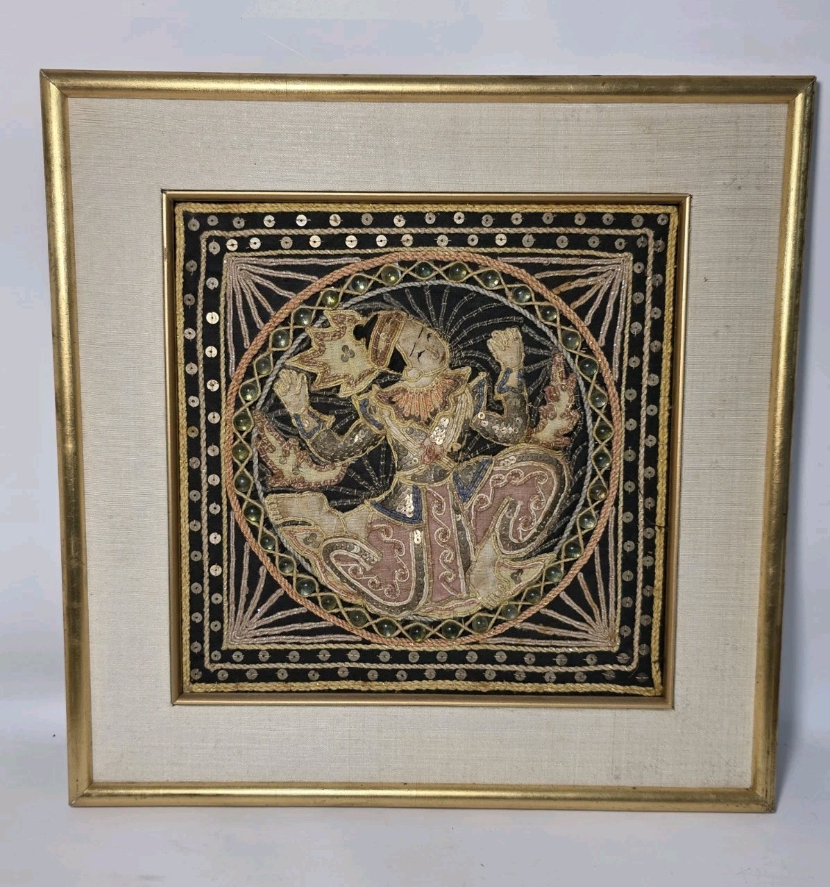 Vtg/Antique Burmese Kalaga Dancer Tapestry Handmade Embroidered Sequin Framed