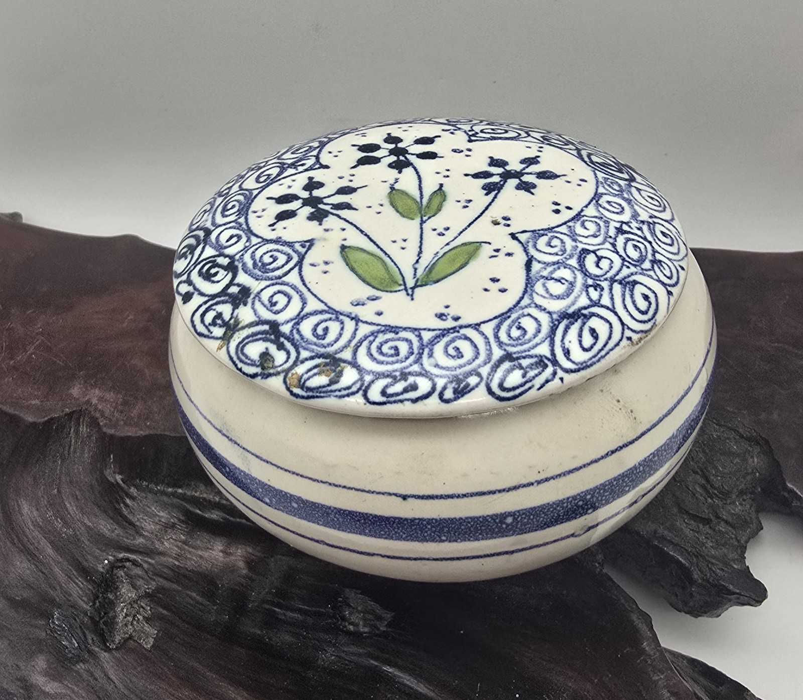 Antique Handpainted round Pottery Trinket Box Floral 
