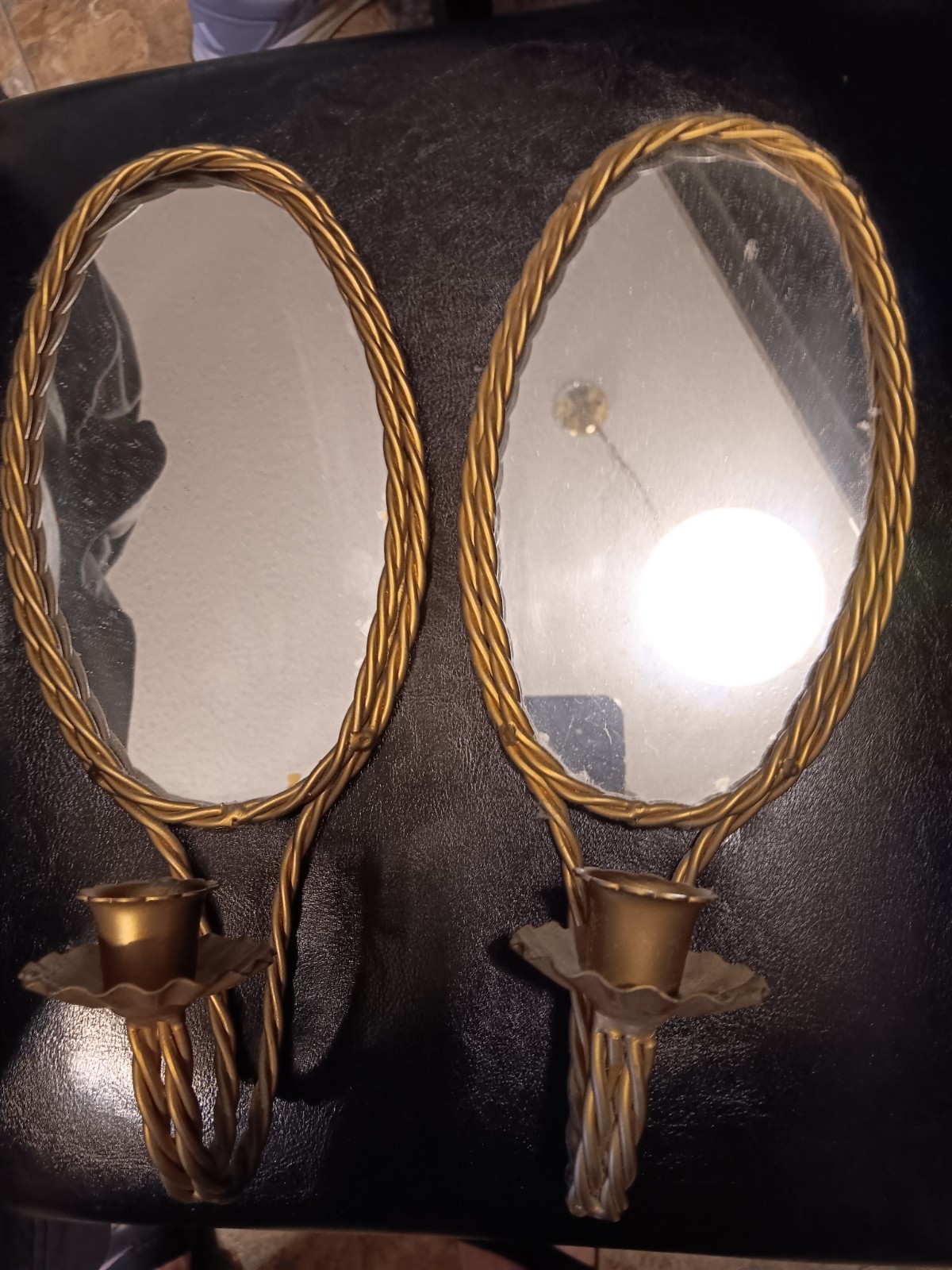 Set (2) Brass Regency Candle Holders Wall Mount Twisted Rope Framed Mirrors  EUC