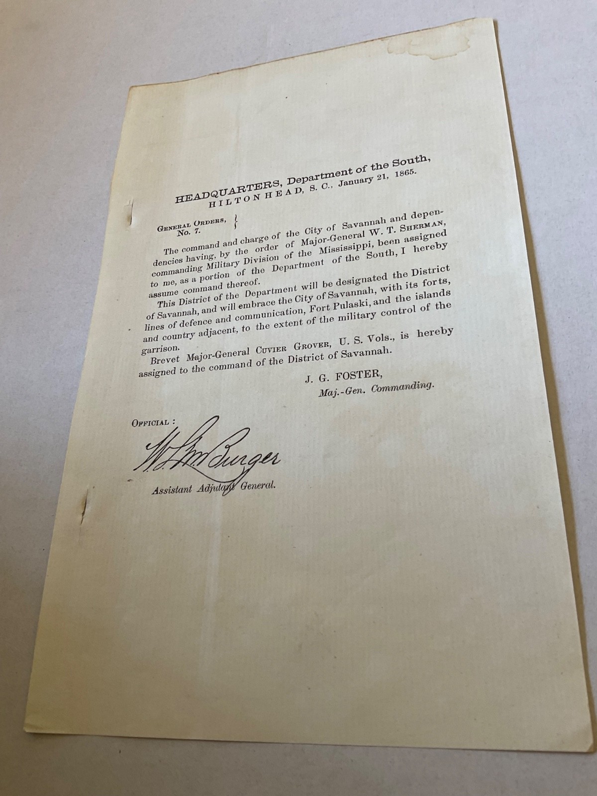 FT PULASKI SAVANNAH GA . CIVIL WAR SHERMAN ORDER JANUARY 21 1865 OCCUPATION