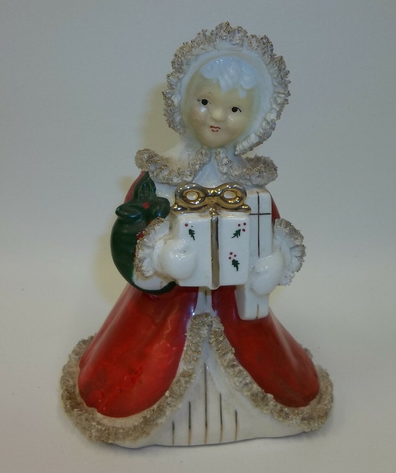 Vintage Relpo Japan Christmas Planter Vase - Red White Spaghetti Girl with Gift