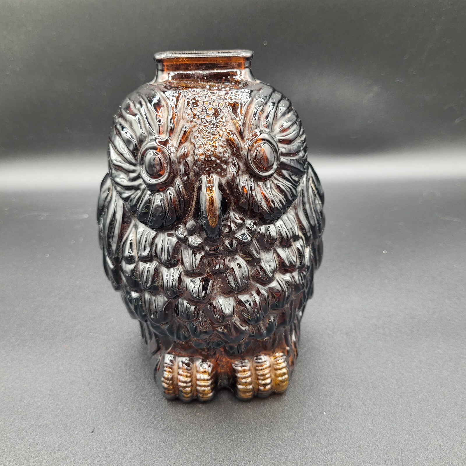 Vintage Mid Century Wise Old Owl Amber Brown Pressed Glass Bank Fall Decor