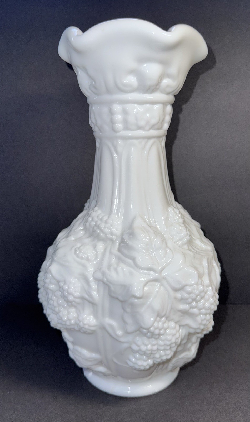 Loganberry Grape Vase Imperial Milk Glass 10 1/4 Loganberry Grape Vase Imperial Milk Glass 10 1/4