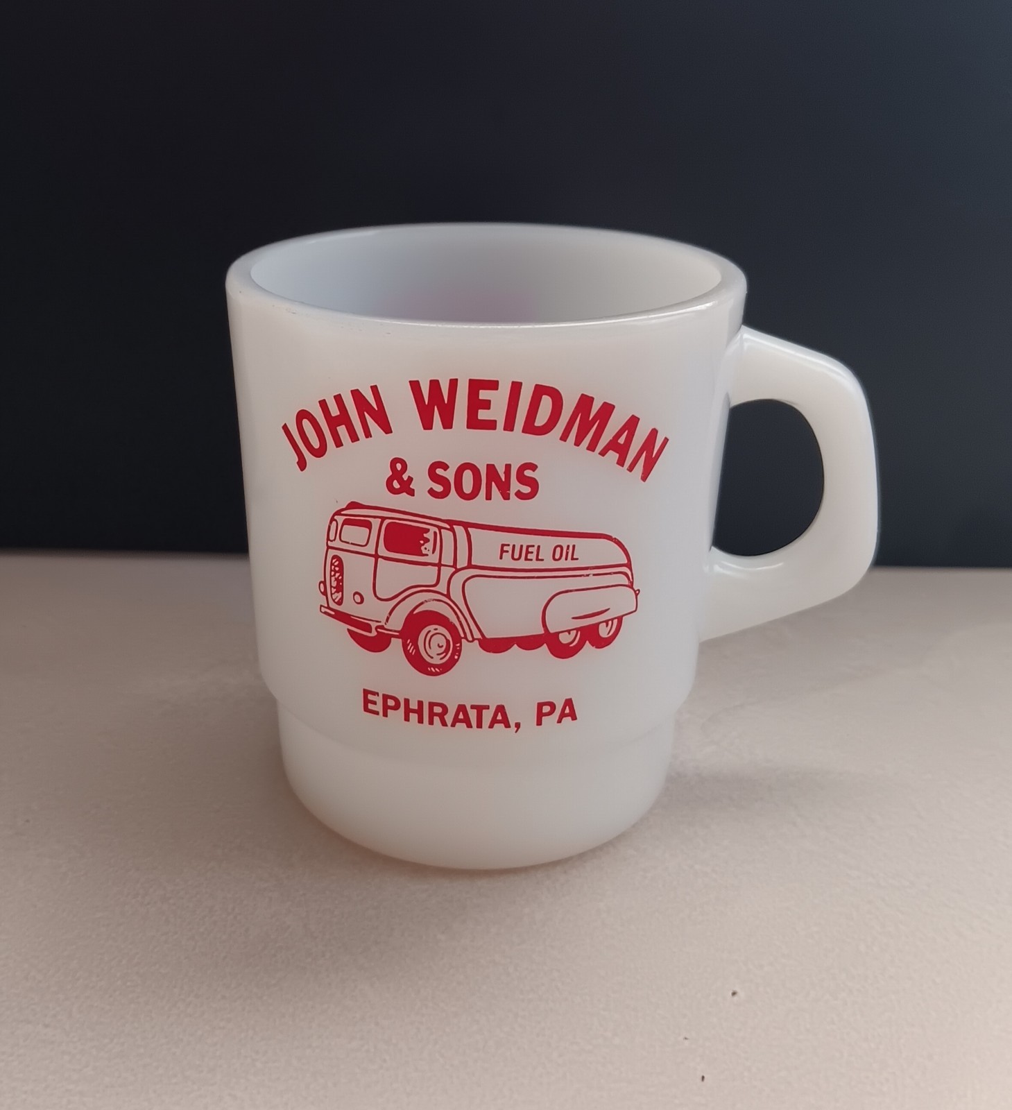 Vintage 70s Termocrisa John Weidman & Sons D Handle Milk Glass Advertising Mug Vintage 70s Termocrisa John Weidman & Sons D Handle Milk Glass Advertising Mug