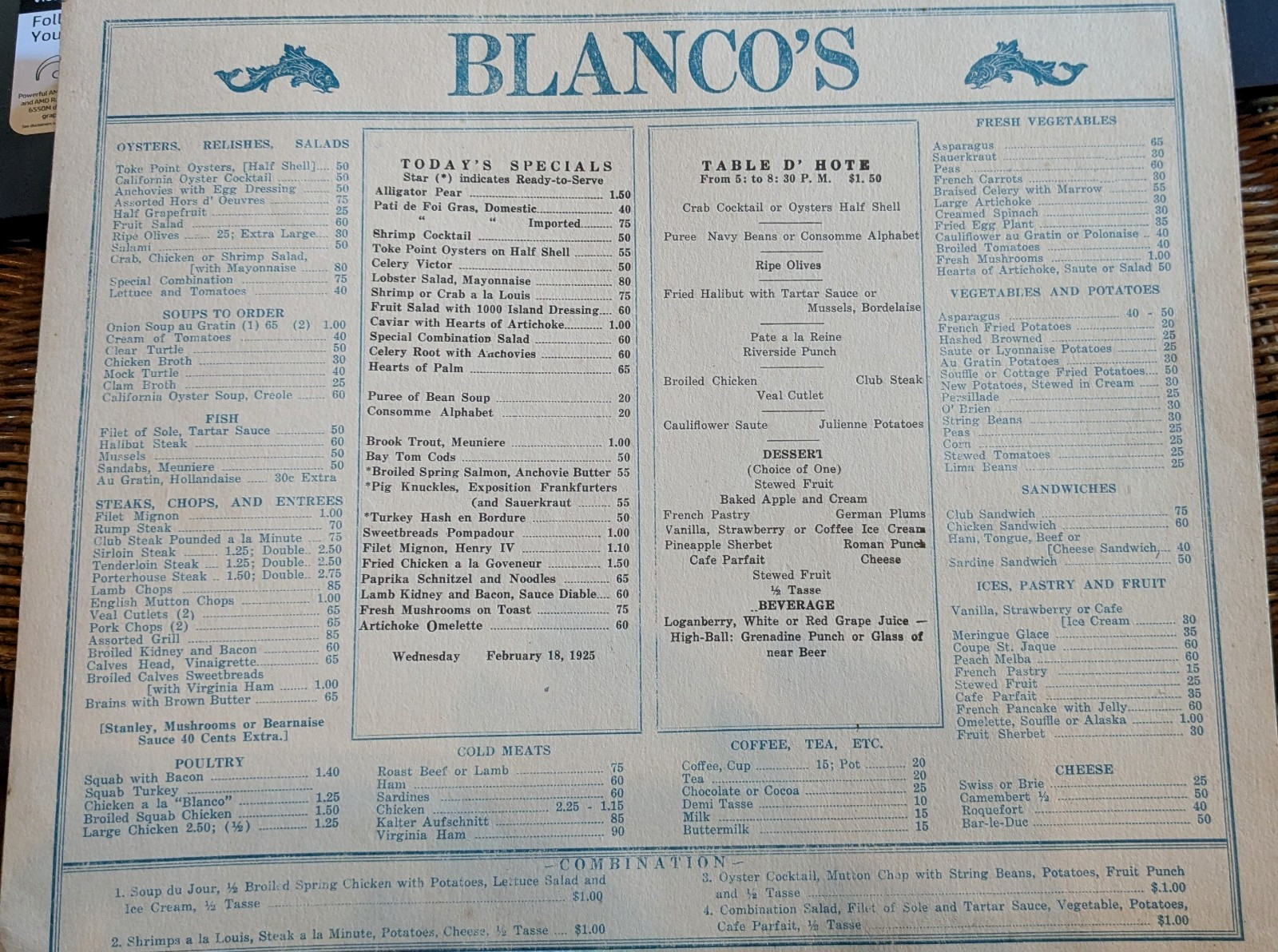Vintage 1925 Blanco’s Restaurant Menu Insert, San Francisco