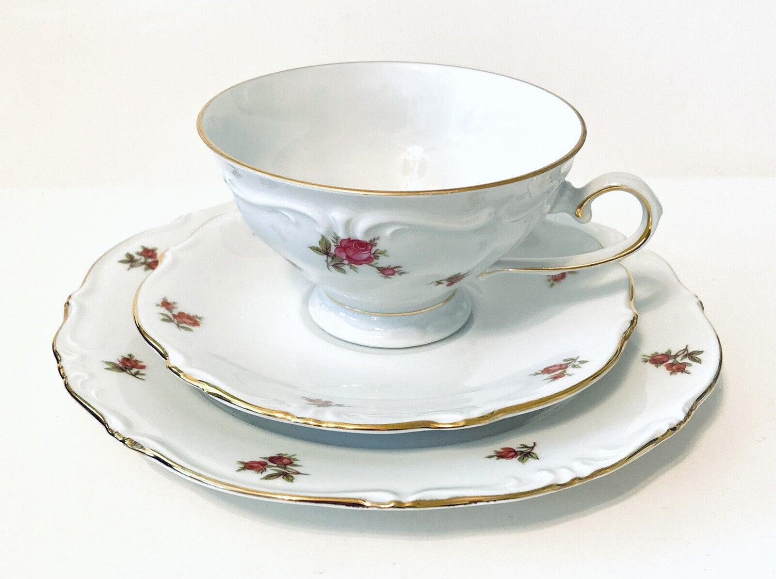 Vtg. Oscar Schaller & Co. Rosebud Pattern -  Tea Cup, Saucer & Plate Set