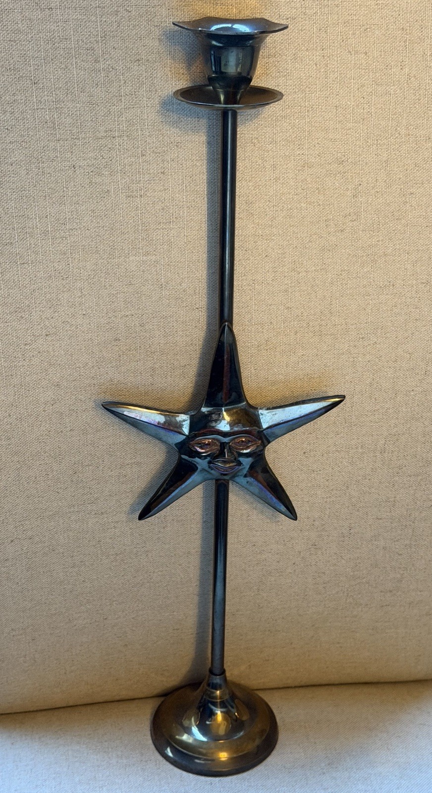 Vintage Tall Brass Celestial Star Candlestick Holder 19\