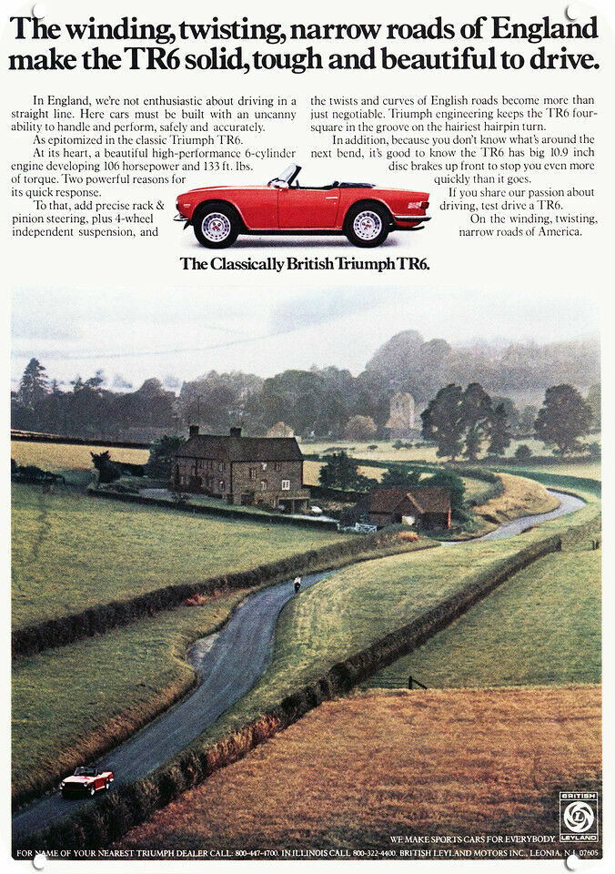 1974 TRIUMPH TR6 Convertible Car on England Road DECORATIVE REPLICA METAL SIGN
