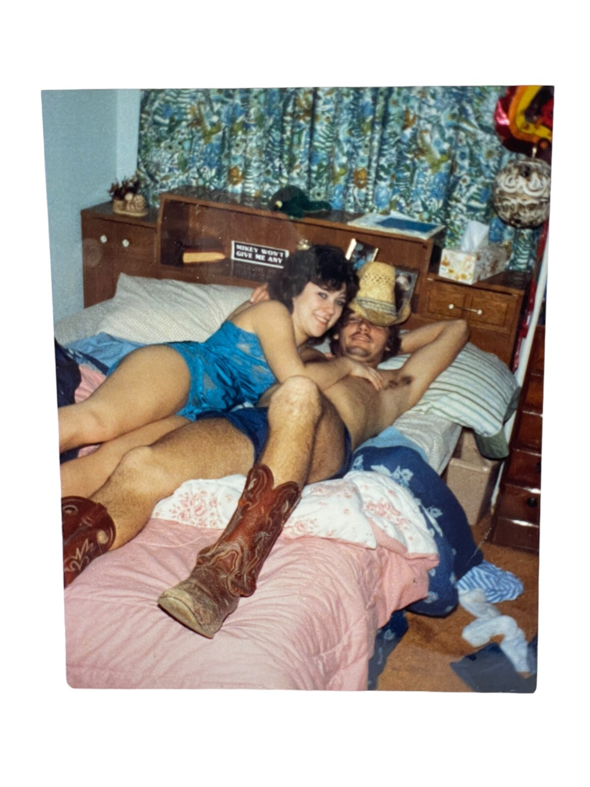Vintage Photograph Original Photo Sexy Couple in Bed Cowboy Boots Hat Teddy