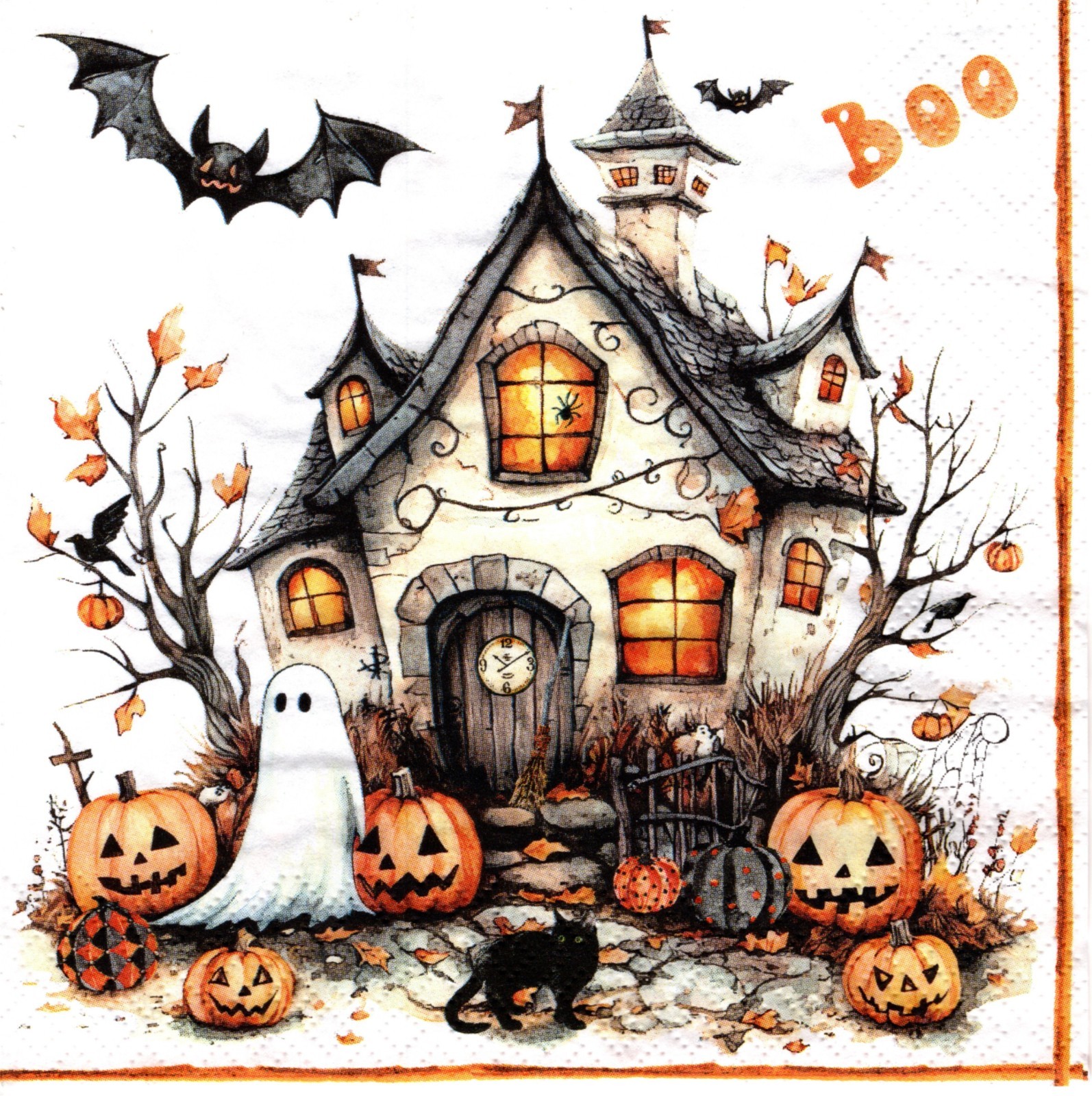 (2) Two Paper Lunch Napkins for Decoupage/Mixed Media - Halloween Boo house