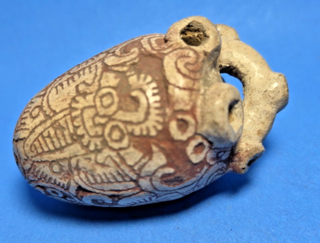 RARE PRE-COLUMBIAN TEOTIHUACAN TERRACOTTA CEREMONIAL WHISTLE WITH CODEX-STYLE