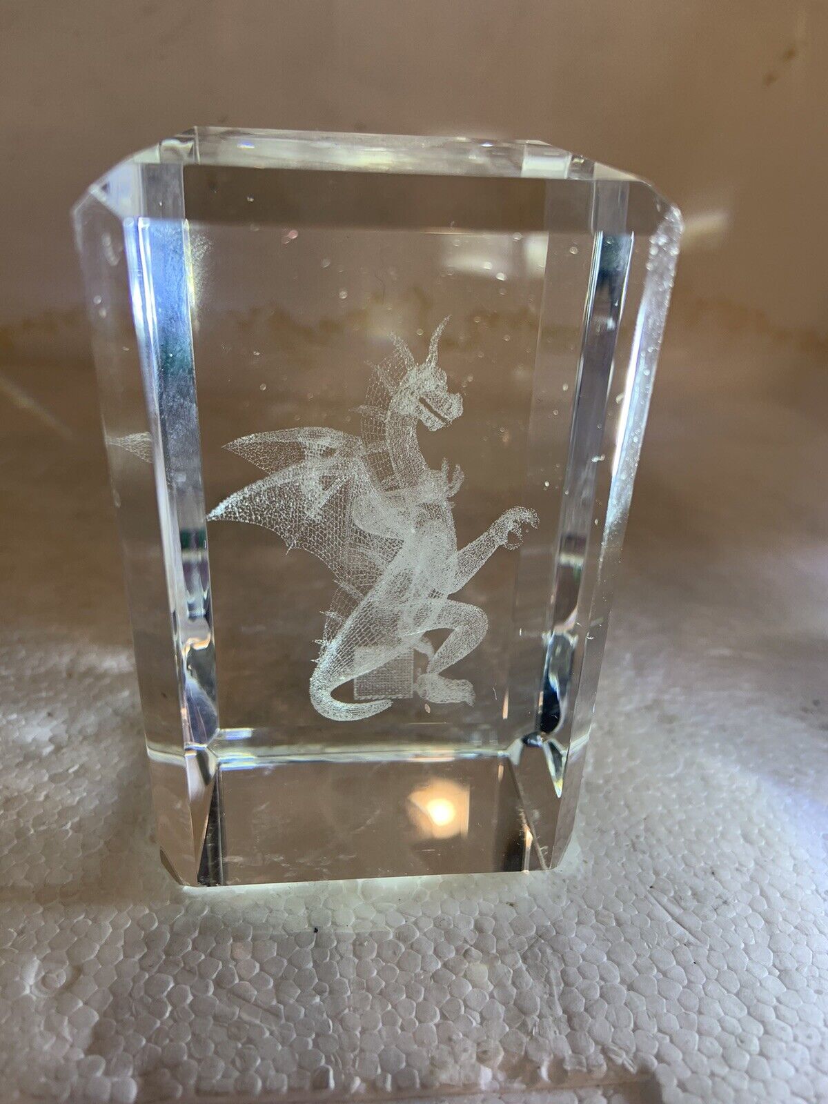 Vntg Dragon 3D Laser Etched Cube Paperweight 3.5” Tall RARE See All Photos NICE