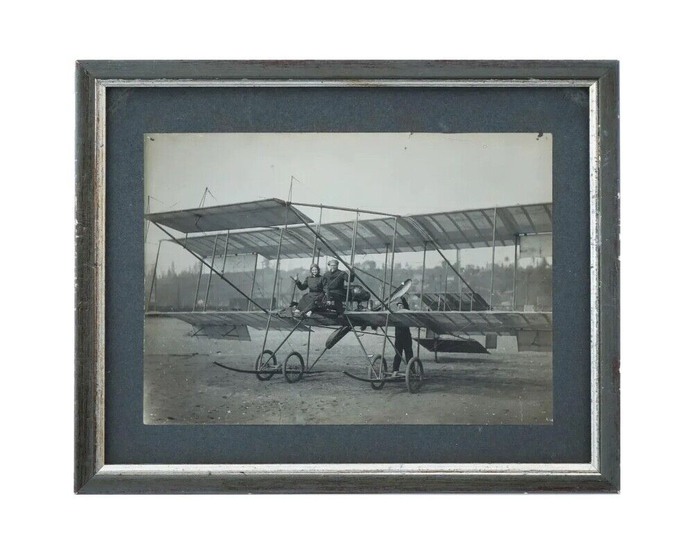 Antique Aviation Bw Photo Of Couple On Biplane Framed