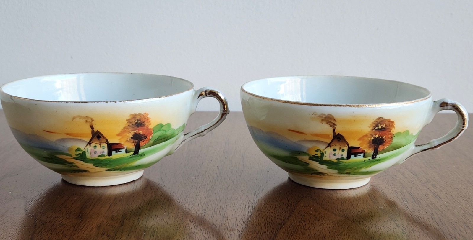 Vintage Hand Painted Japanese Nippon Tea Cup Landscape Mid Century Set of 2