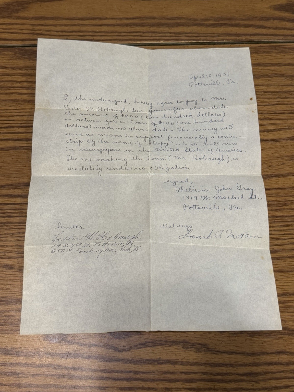 1931 Loan Agreement Pottsville PA Newspaper Comic Book Publishing sleepy” Oddity