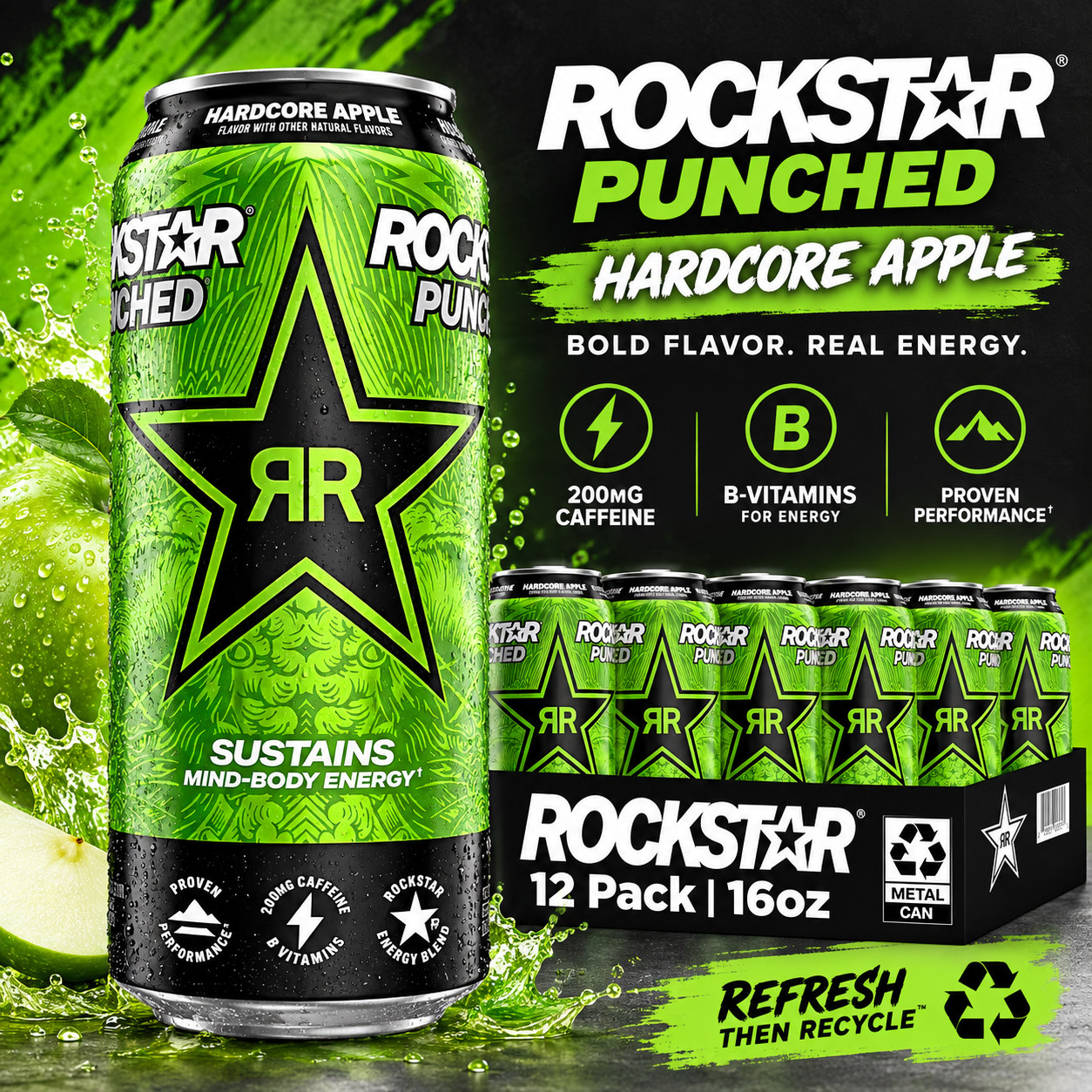Rockstar Punched Hardcore Apple Energy Drink 16oz Cans 12 Pack