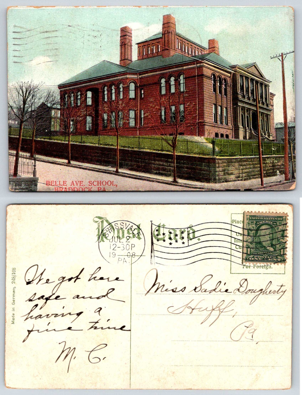 Braddock Pennsylvania Belle Ave School Postcard AG348