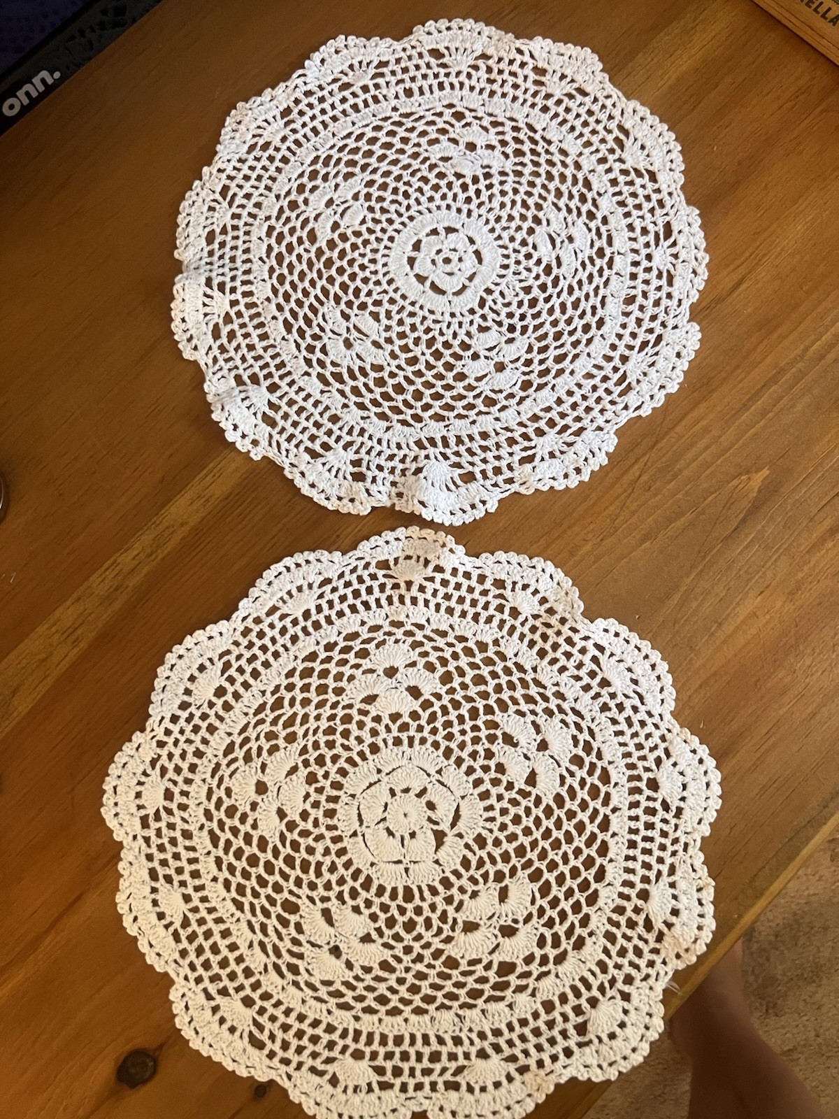 Two Vintage white cotton crochet lace doily,round, floral center, scalloped edge