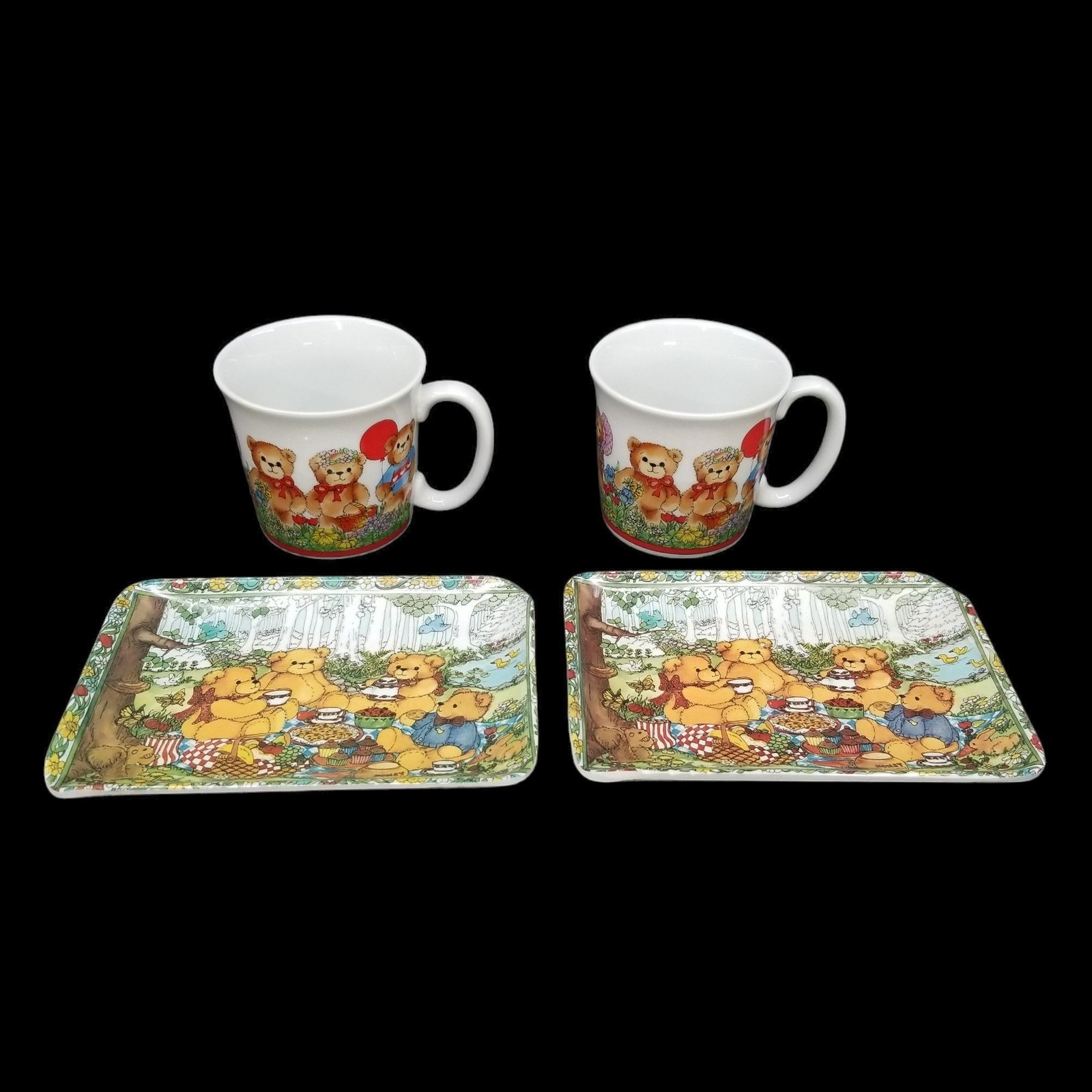 Vtg Lucy Rigg Lucy and Me Bear Plates with 2 Coffee Cups Mugs Made in Italy