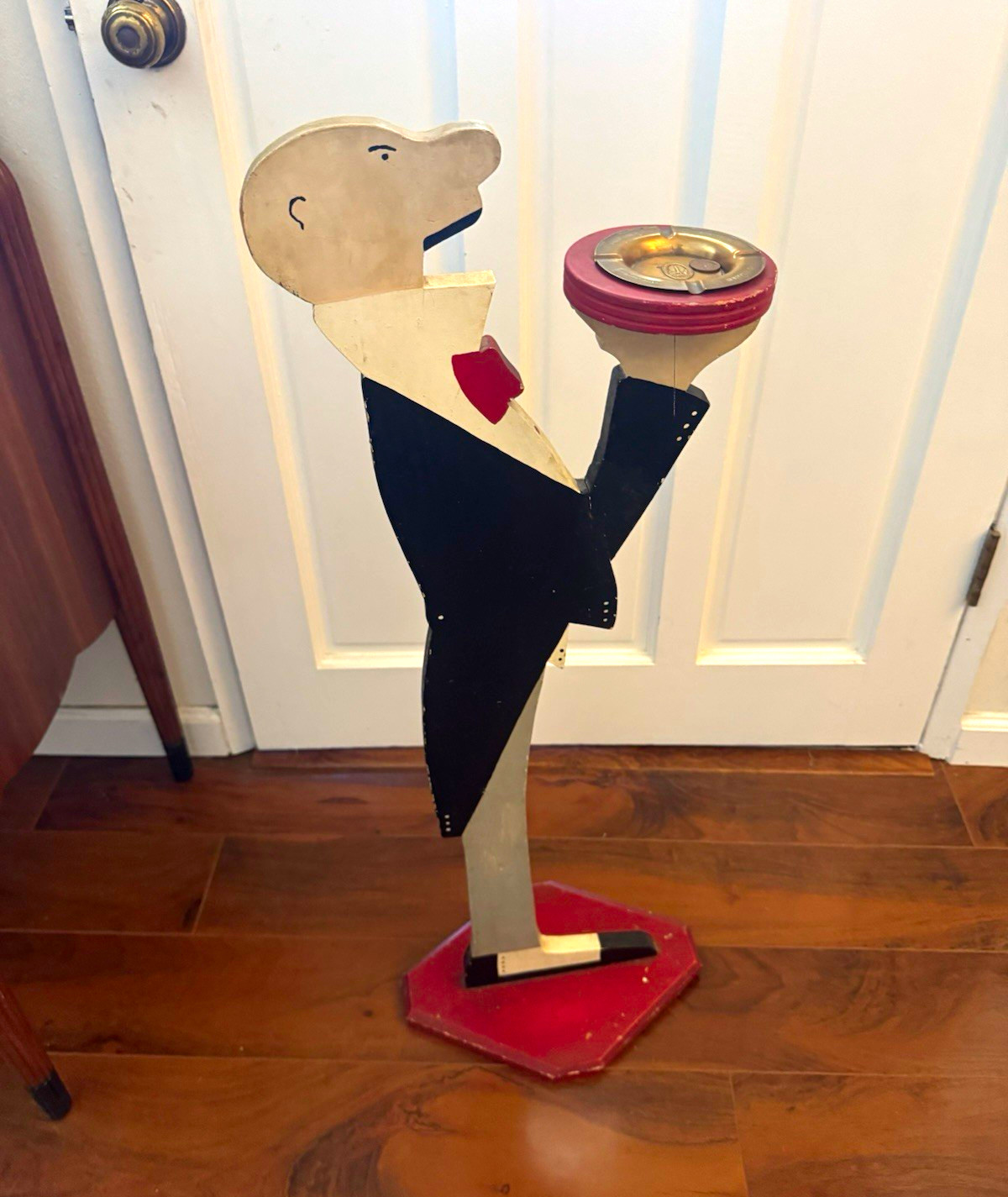 Vintage Wooden Butler Smoking Stand Figure Floor Standing Ashtray w/ Tray
