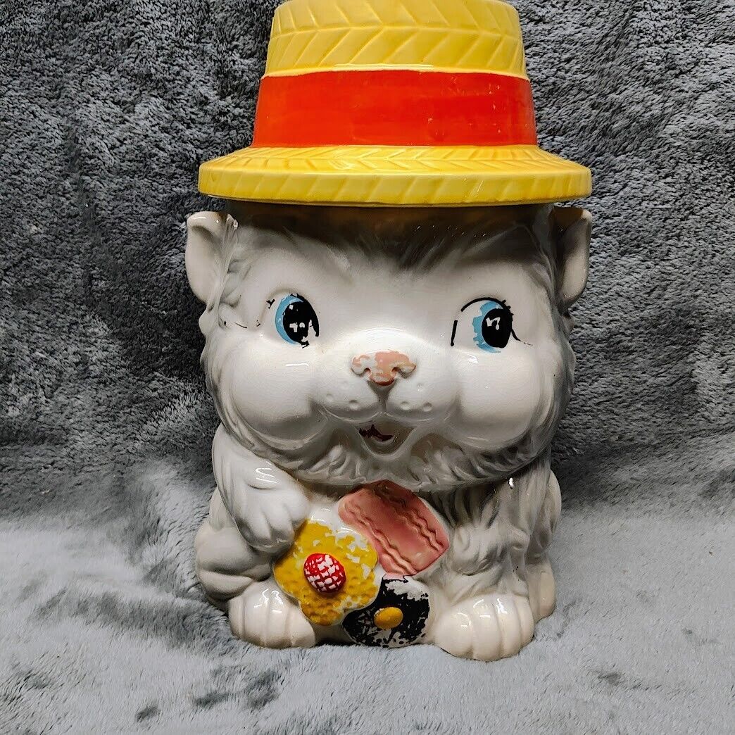 Vintage White Cat with Yellow Hat Orange Band Cookies Cookie Jar Japan RARE 