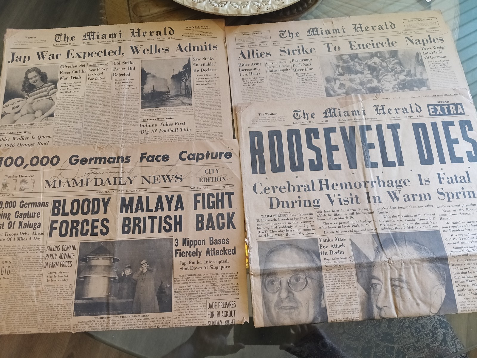 The Miami Herald Roosevelt Dies 1945 + Miami Daily News WWII Lot of 4 Newspapers
