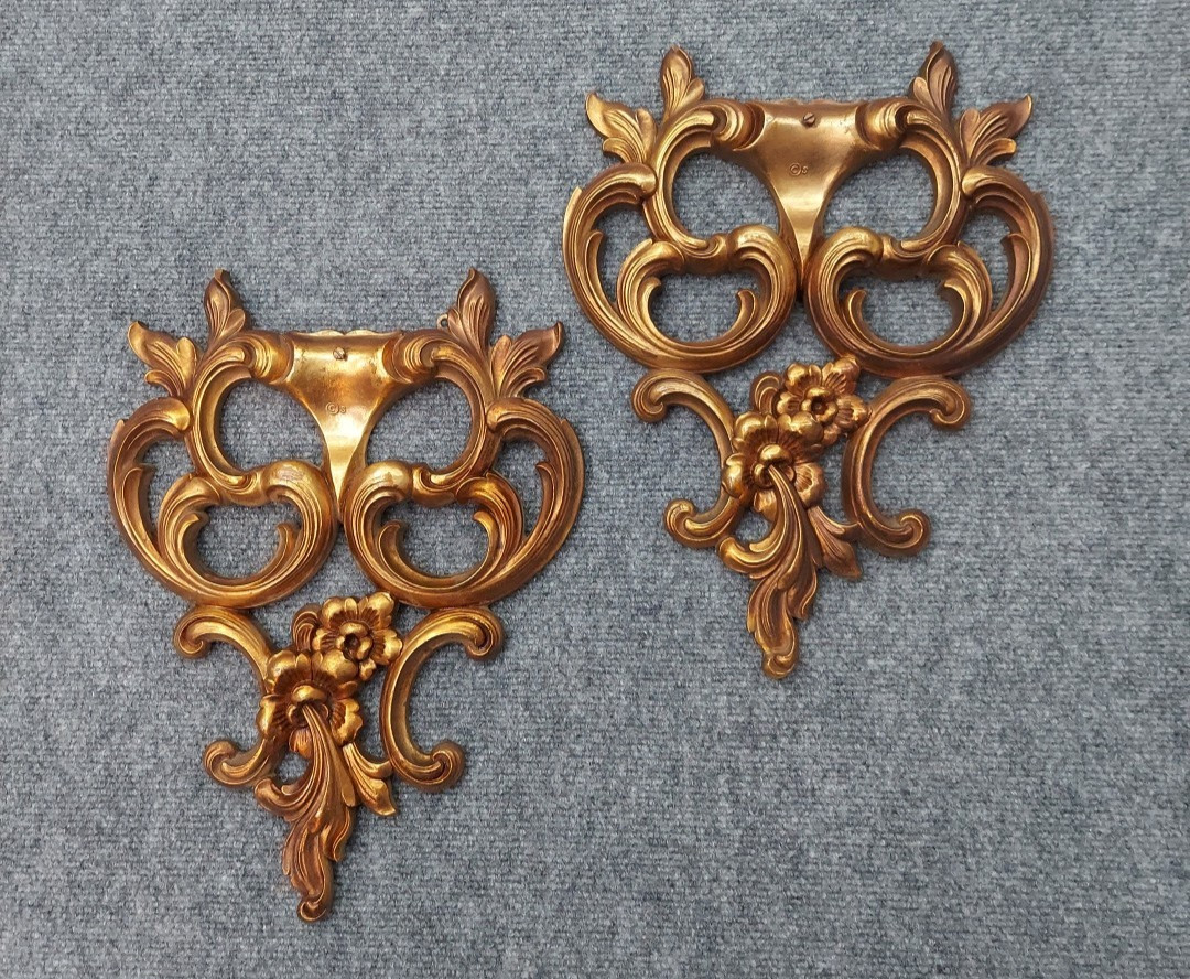 Vtg Syroco Wood Wall Plaques Gold Floral MCM Baroque Hollywood Gallery Syracuse