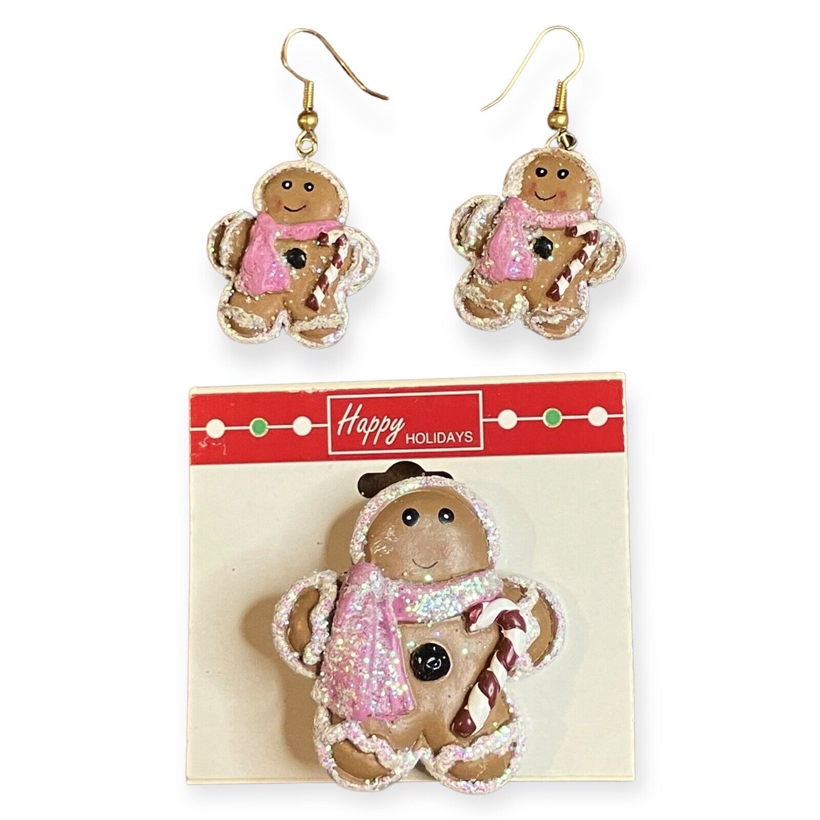 Vintage Gingerbread Man Dangle Earrings Brooch Set Holiday Christmas Cookies