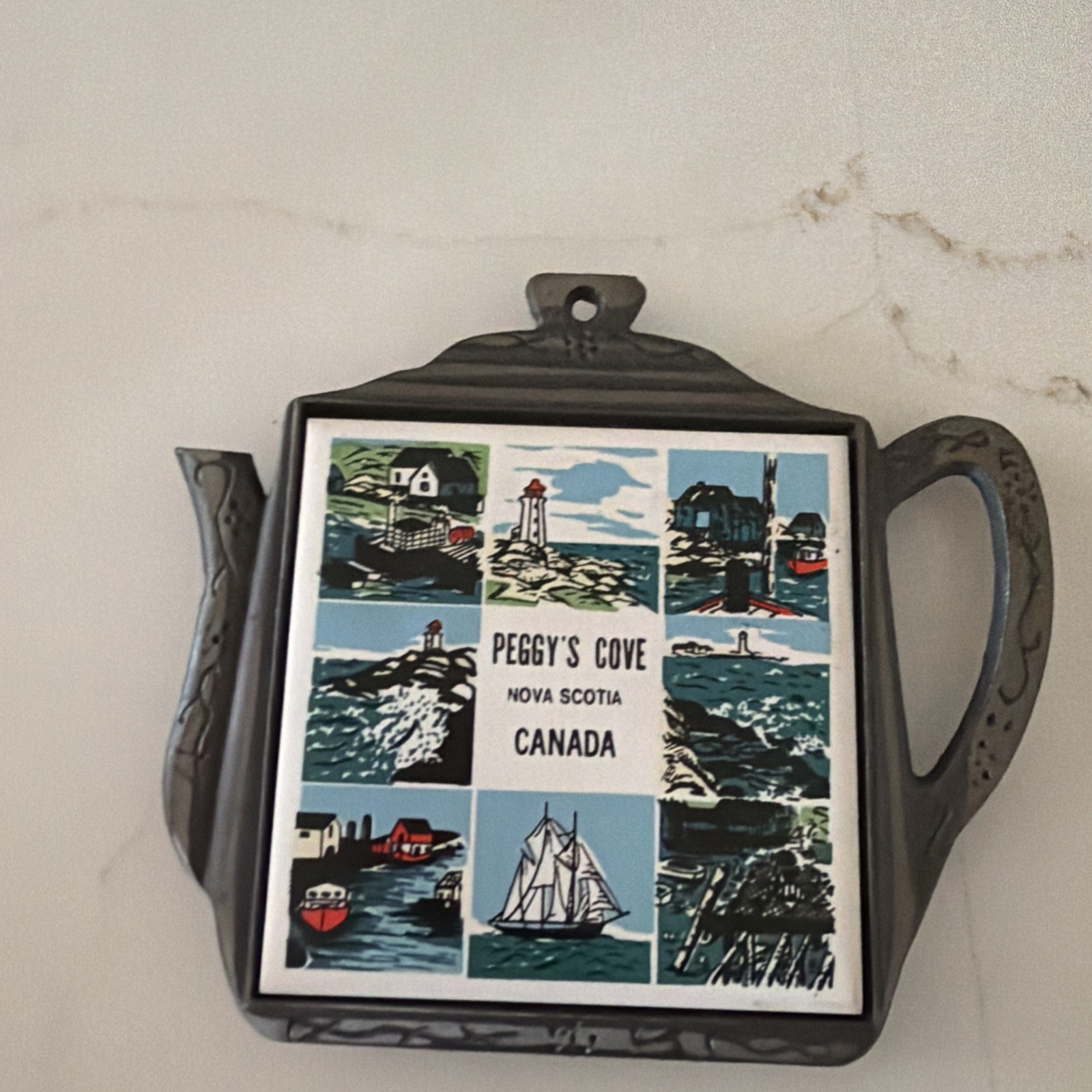 Vintage Peggy’s Cove Nova Scotia trivet cast iron & tile hot pad wall decor 80s