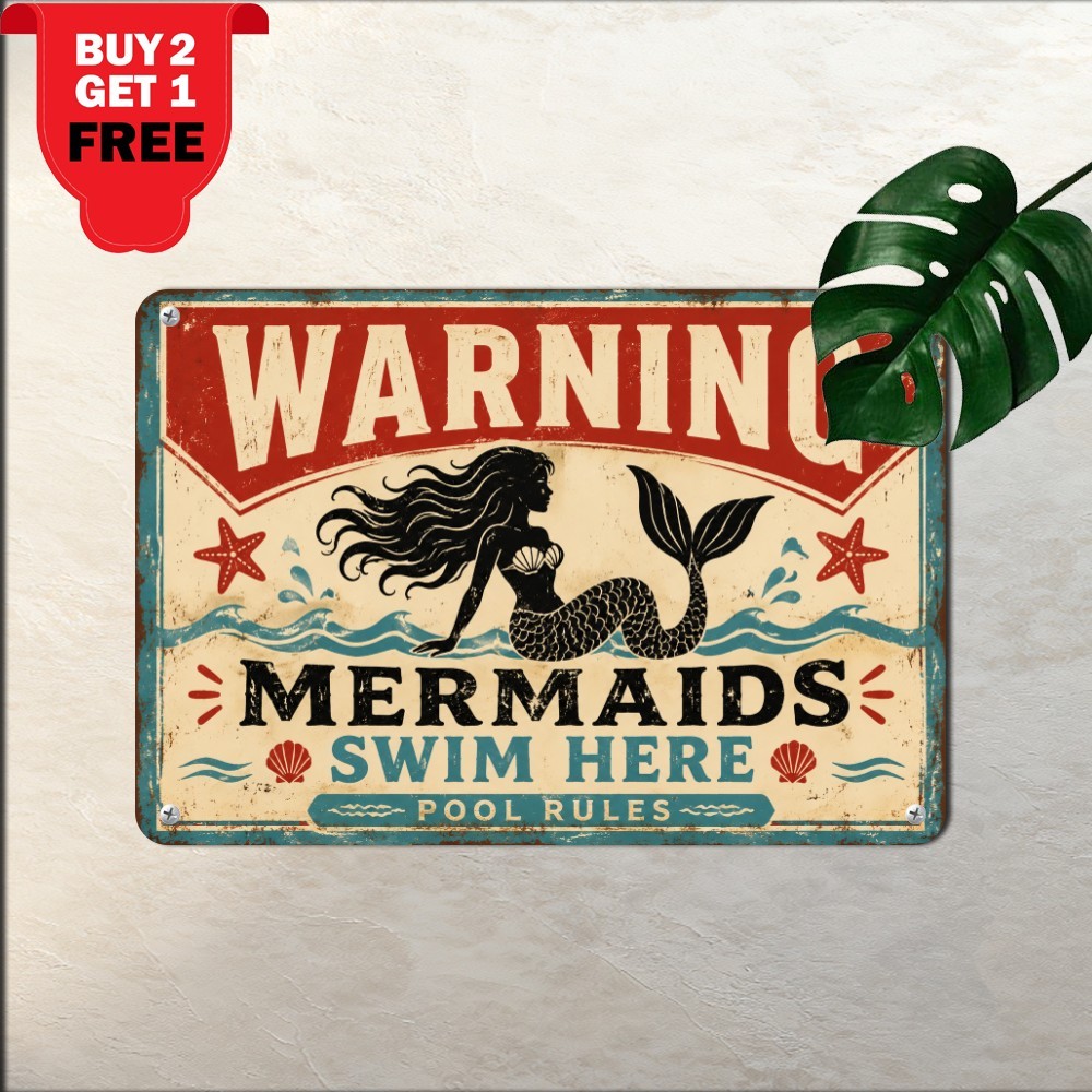 Mermaid Pool Rules Swim At Your Own Risk Humor Sign Metal Tin Wall Plaque