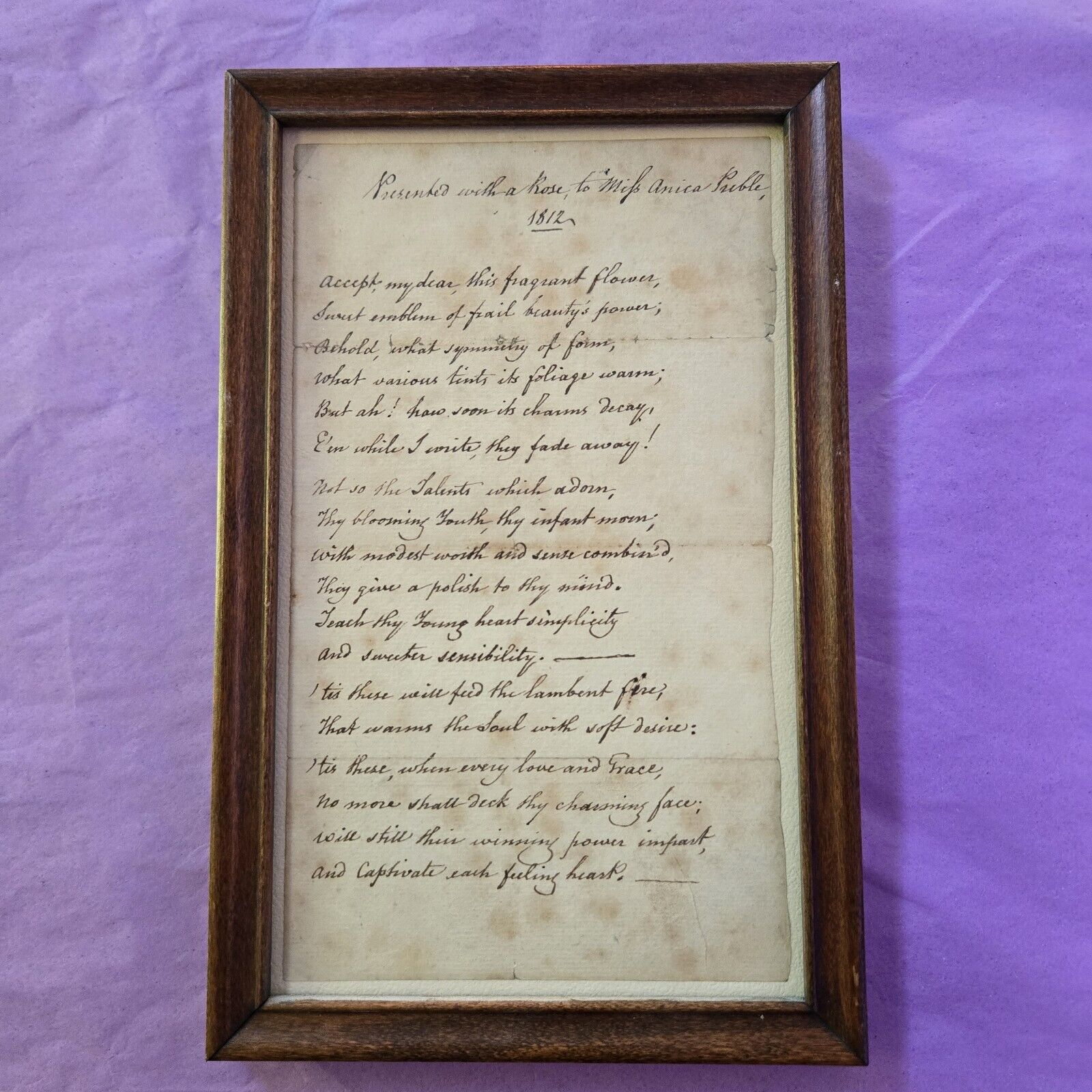 Antique 1812 Framed Romantic Poem Paper \