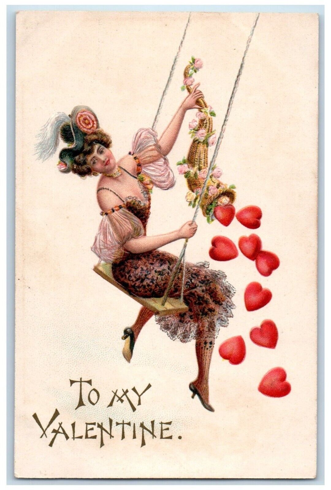 c1910's Valentine Pretty Girl Swing Hearts Embossed Posted Antique Postcard