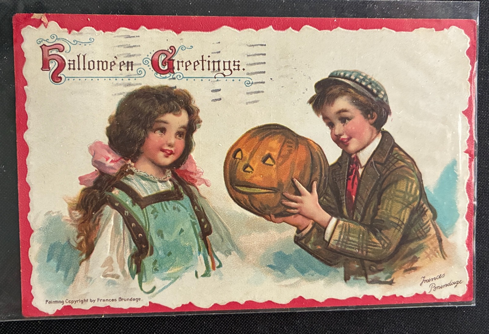 Antique Halloween Postcard ~ Boy Girl   Pumpkin JOL ~ Brundage #121