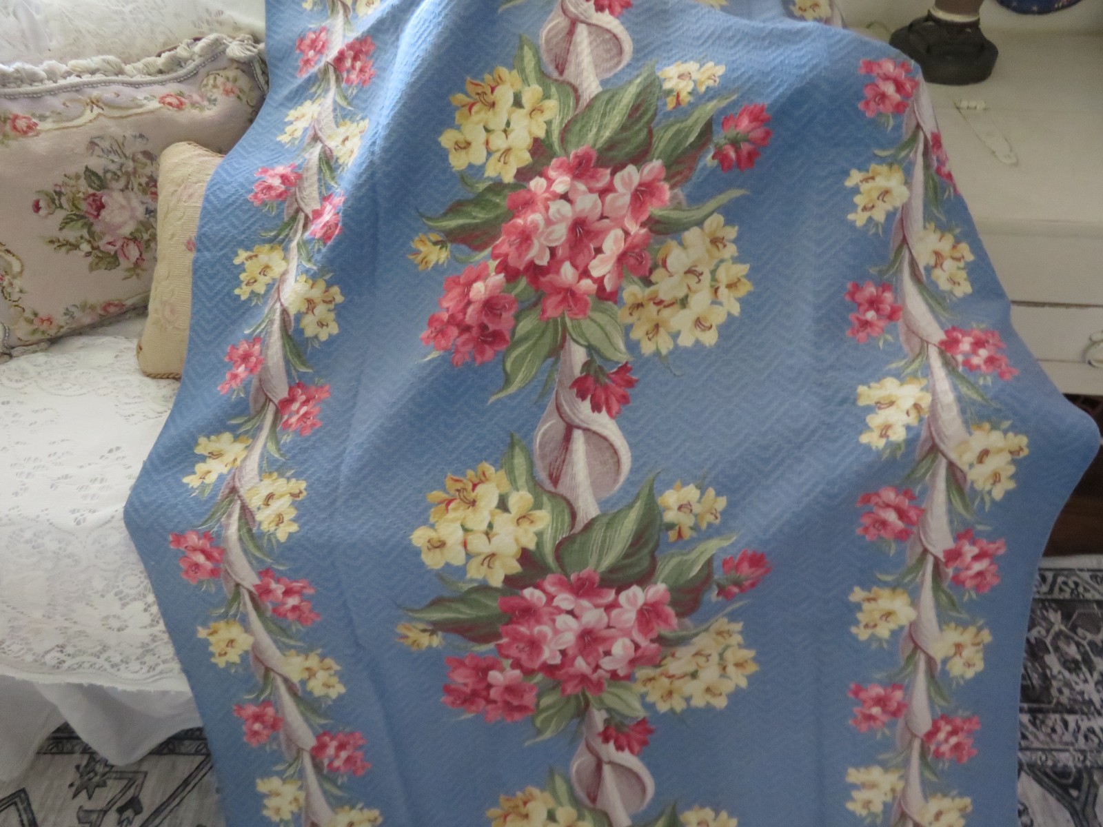 1940\'s Scrolls & PINK Florals on Denim Blue ROMANTIC Nubby Barkcloth Drapes
