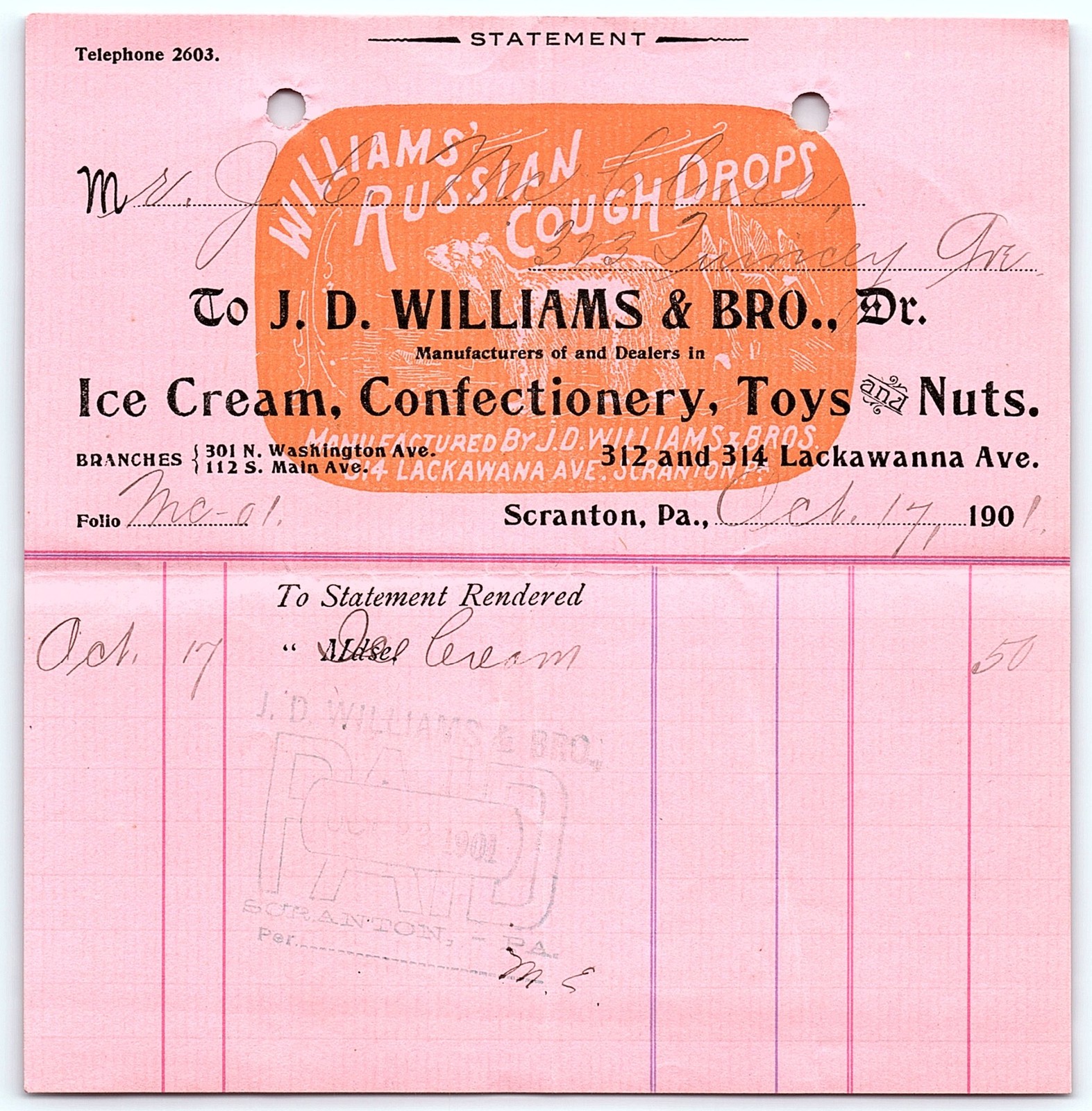1901 J.D. Williams & Bro. Scranton billhead, cough drops adv 1901 J.D. Williams & Bro. Scranton billhead, cough drops adv