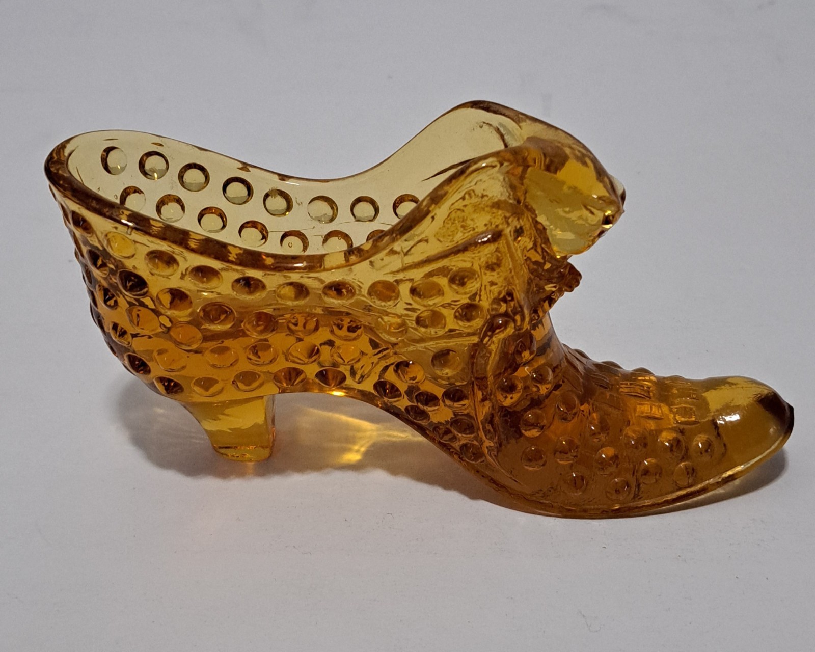 Amber Art Glass Cat Head Hobnail Shoe Slipper Fenton Vintage