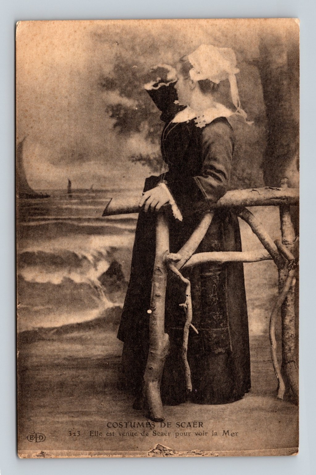 Vintage French Lithograph Postcard Costumes de Scaër Woman by the Sea