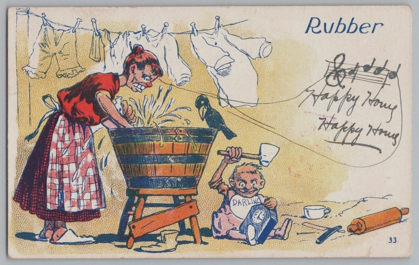 Antique Comic Postcard~ Angry Mom Washing Clothes~ Crazy Child With A Hatchet