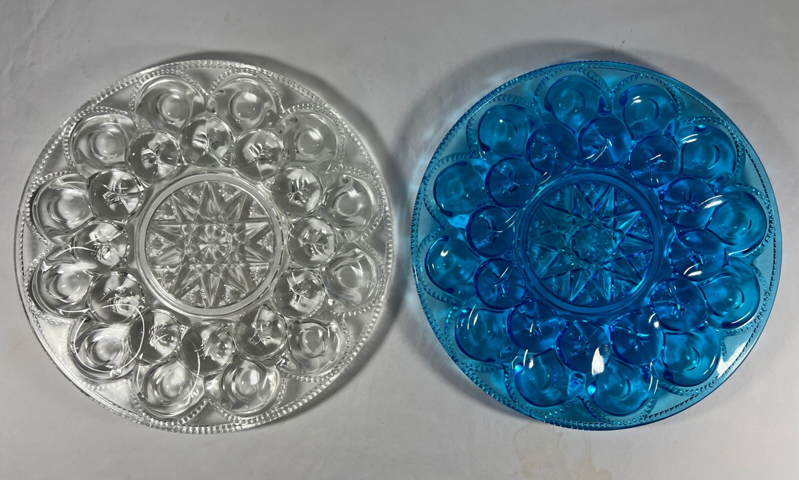 2-Vintage Weishar Moon and Stars Colonial Blue & Clear Egg Plate Platters EVC 2-Vintage Weishar Moon and Stars Colonial Blue & Clear Egg Plate Platters EVC